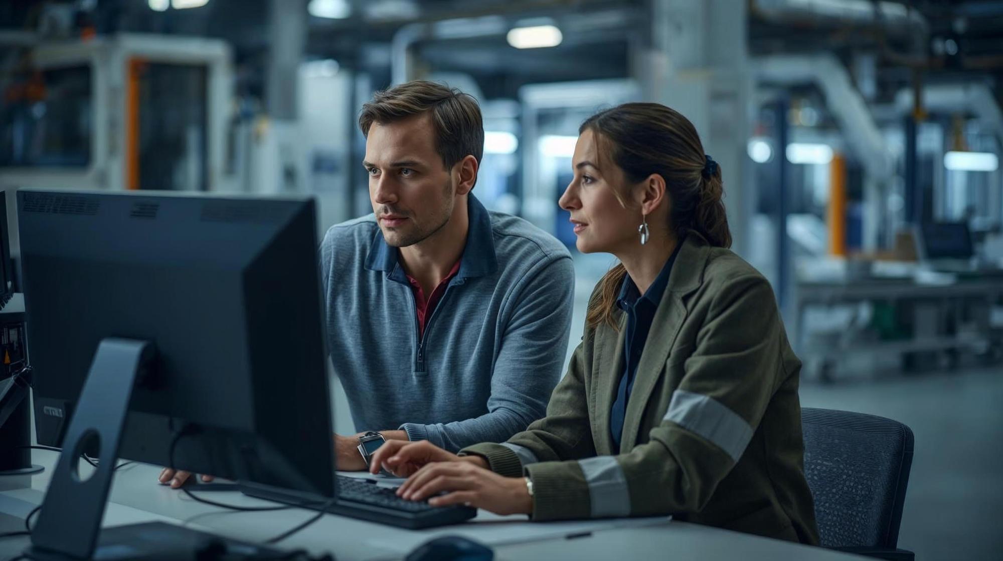En mann og en kvinne ved en datamaskin i en moderne industrimiljø. De diskuterer løsninger og analyserer produksjonsprosesser.